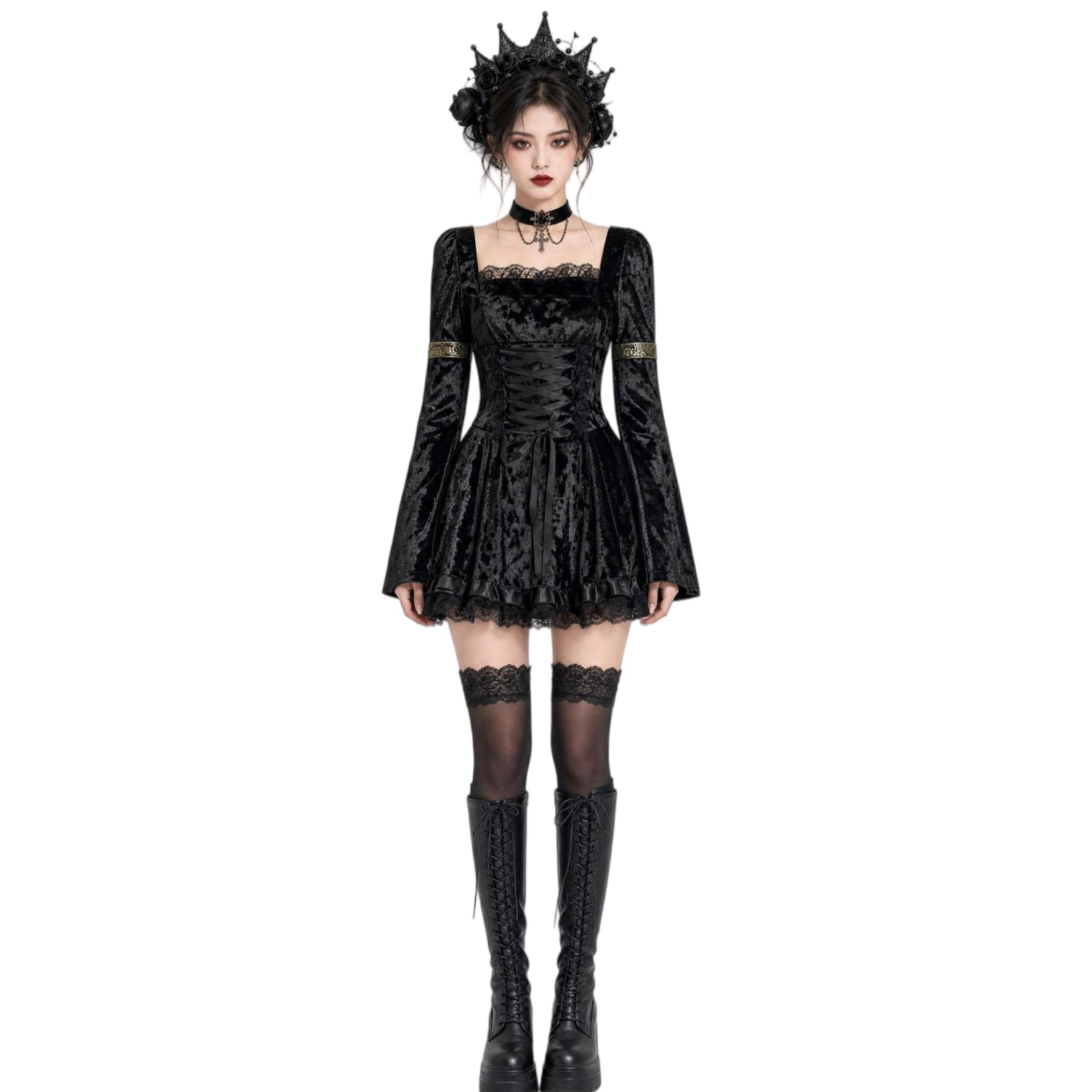 Gothic Vampire Mini Dress - Women Dark Lace Devil Costume